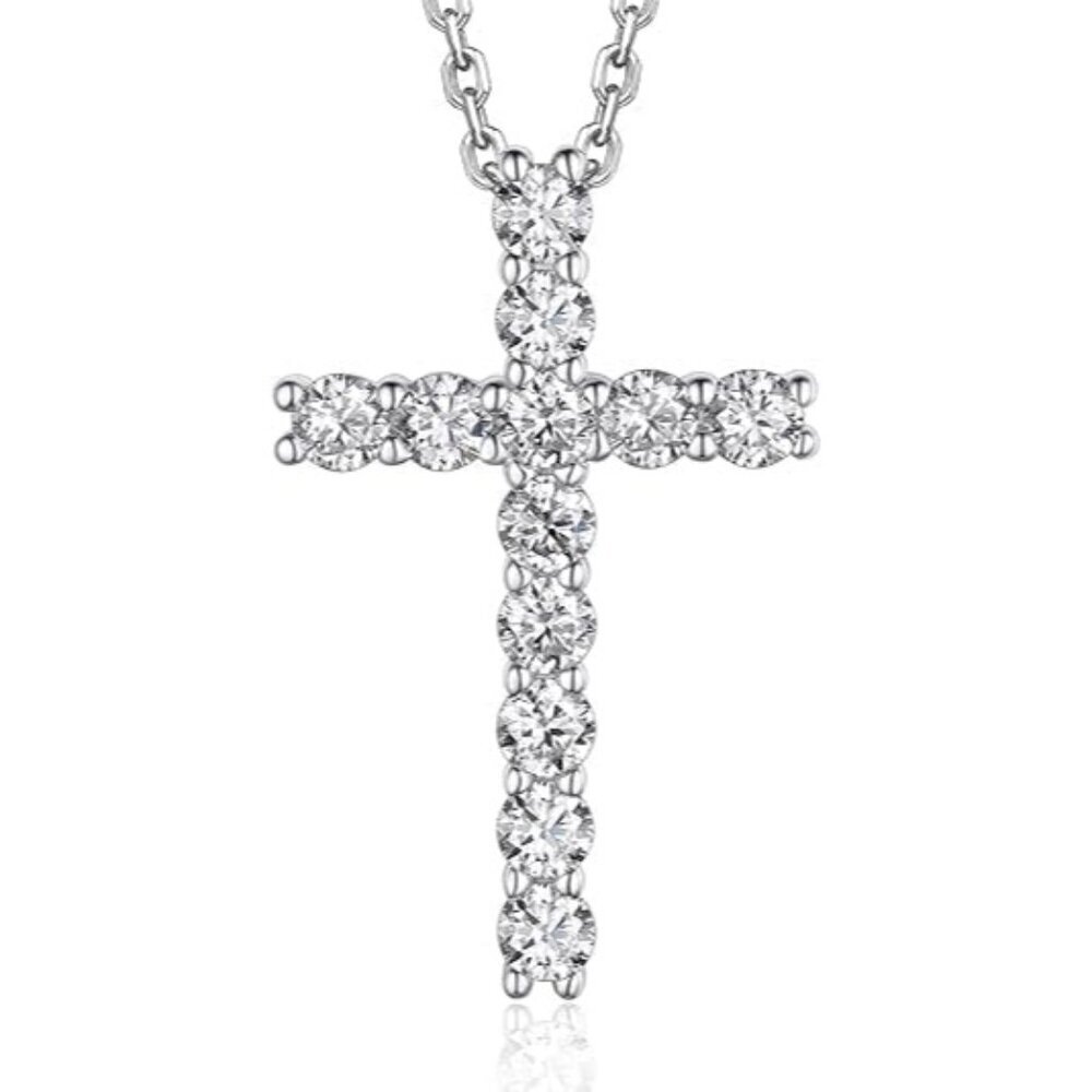 Women's 1-Cross Moissanite Cross Pendant Necklace Sterling Silver Religious